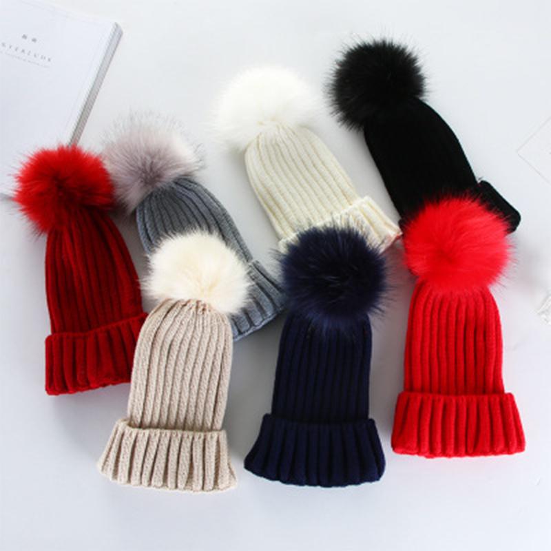 

Elegant Fashion Hairball Warm Knitted Beanie Hat For Women Autumn Winter Outdoor Solid Color Hats Ladies Black Wool Caps, White
