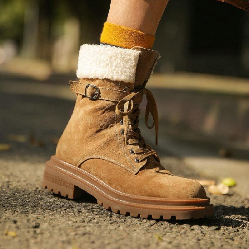 

Sianie Tianie Genuine Natural Nubuck Leather Olive Khaki Round Toe Lace-up Platform Winter Shoes Womens Ankle Motorcycle Boots, Black