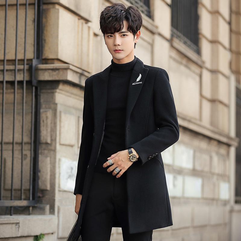 

Mens Wool Trench Coat Jacket Long Solid Color Coat 2020 Autumn Winter Korean Casual Slim Fit Windbreaker Outwear Erkekler Ceket, Black