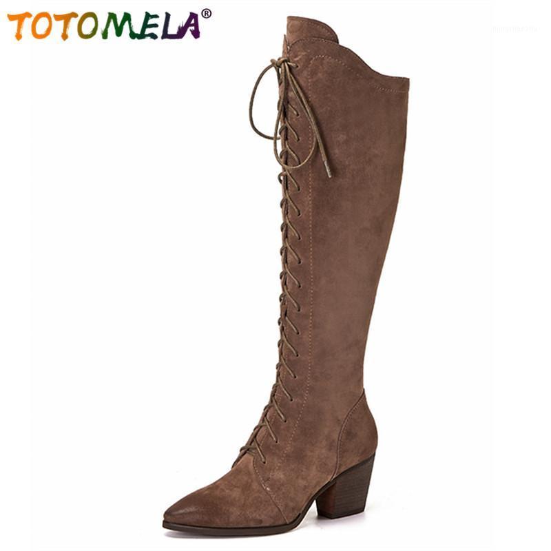 

TOTOMELA 2020 hot sale genuine leather high heel casual shoes women vintage Western boots autumn winter knee high boots women1, Brown not fur
