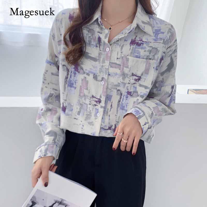 

Korean Fashion Painting Printed Chiffon Blouse Autumn New Vintage Long Sleeve Women' Blouse Single Breasted Shirts Women 11139, Apricot