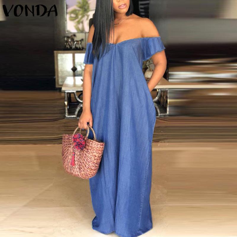 

VONDA Women Demin Maxi Long Dress 2020 Summer Sexy V Neck Short Sleeve Off Shoulder Beach Floor-length Vestidos Plus Size 5XL, Blue