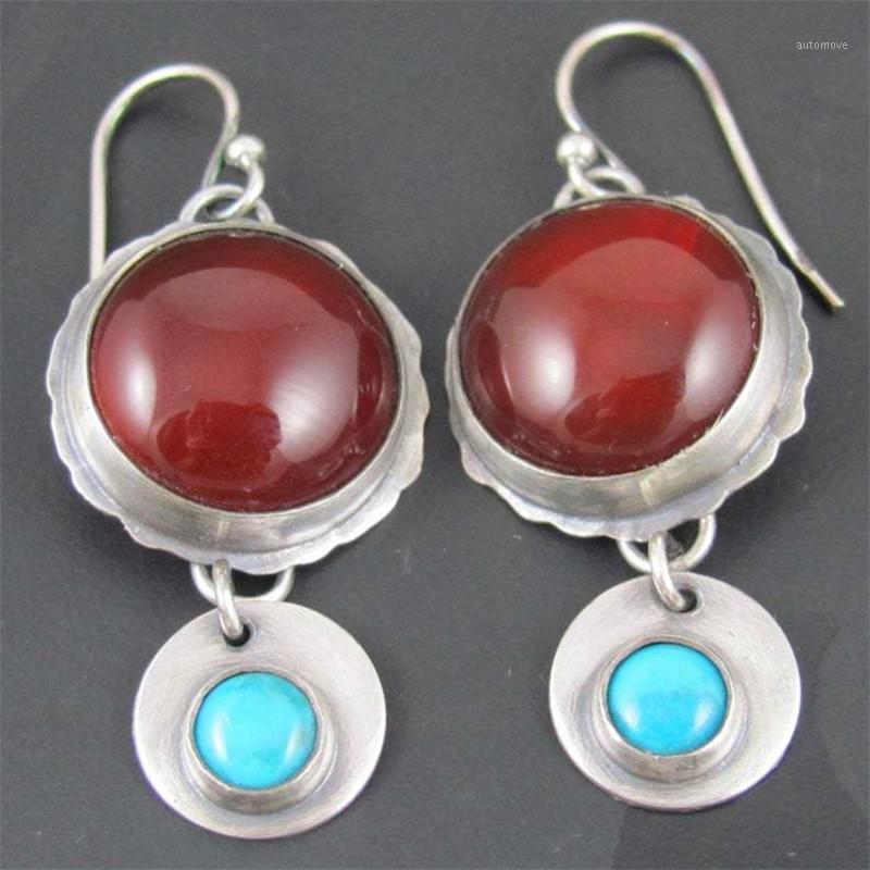 

2020 Boho Ethnic Double Round Red Stone Dangle Earrings For Women Tribal Brincos Silver Color Circle Metal Drop Earring1