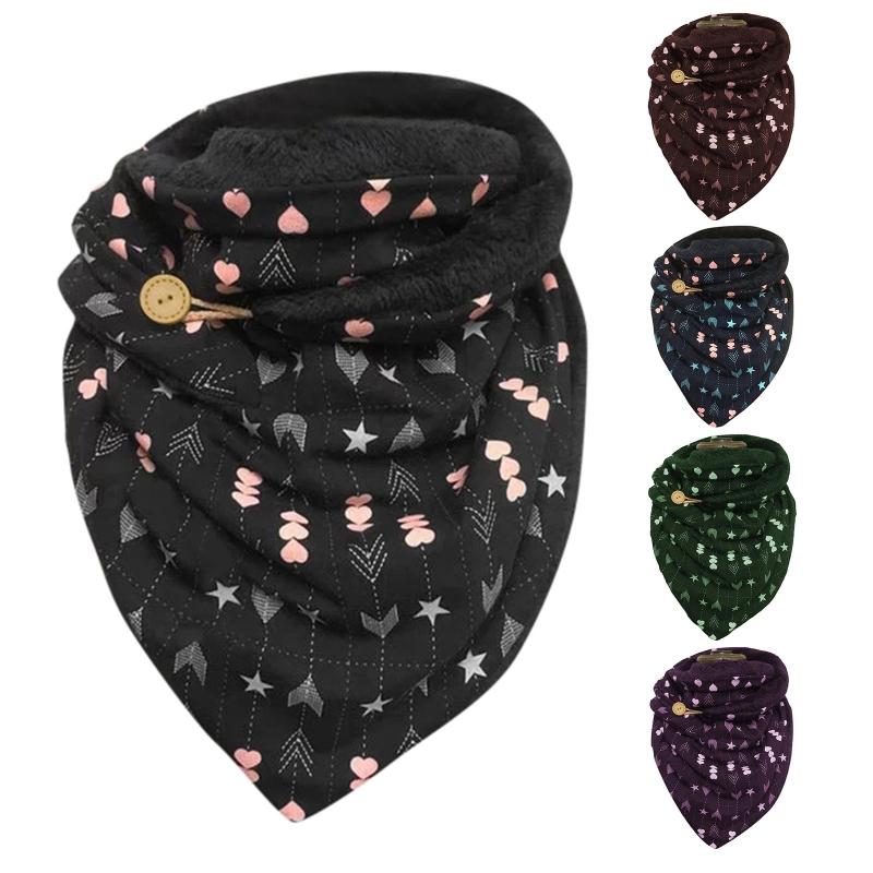

Women Winter Plush Lined Shawl Wrap Heart Star Print Button Scarf Neck Warmer