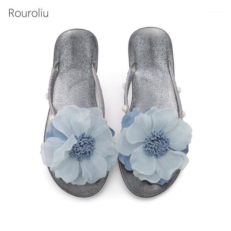 

Rouroliu 2020 Summer Flower Flip Flops Women Soft Sole Home Shoes Beach Casual Slippers Flat Heel Bling Slides1, Blue