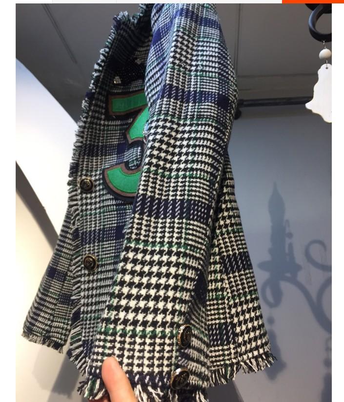 

2020 New Spring Fall Women' Retro Diamond Studded Digital Patch Small Fragrance Fringed Plaid Blazer Suit Coat Tweed Jackets, Blue