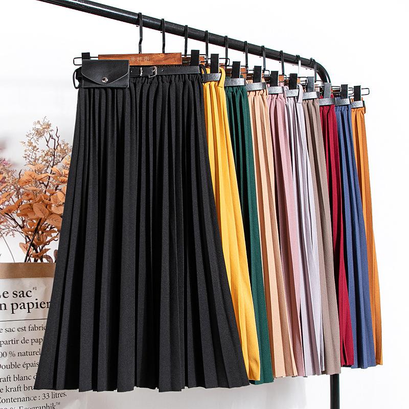 

2020 Autumn New Half-length Skirt Waist Bag Drape Pleated Skirt Multicolor Belt Pleated High Waist Casual A-line sexy Long, Pink