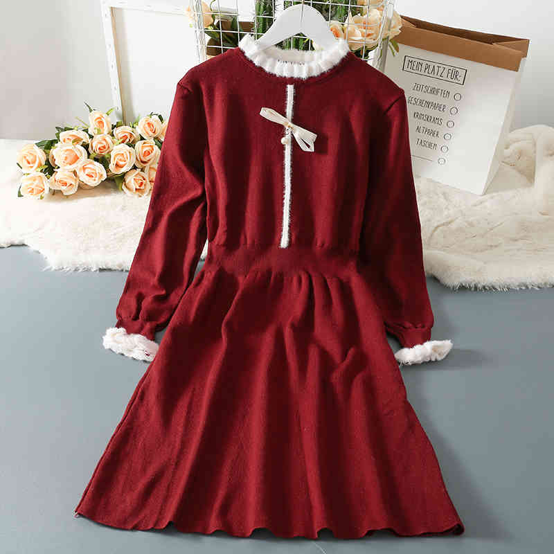 

Cute Knitting Dress Woman Spring Ins Sweet Color Matching Wooden Ears High-waist Bow Knot A-line Dresses Tide, Black;gray