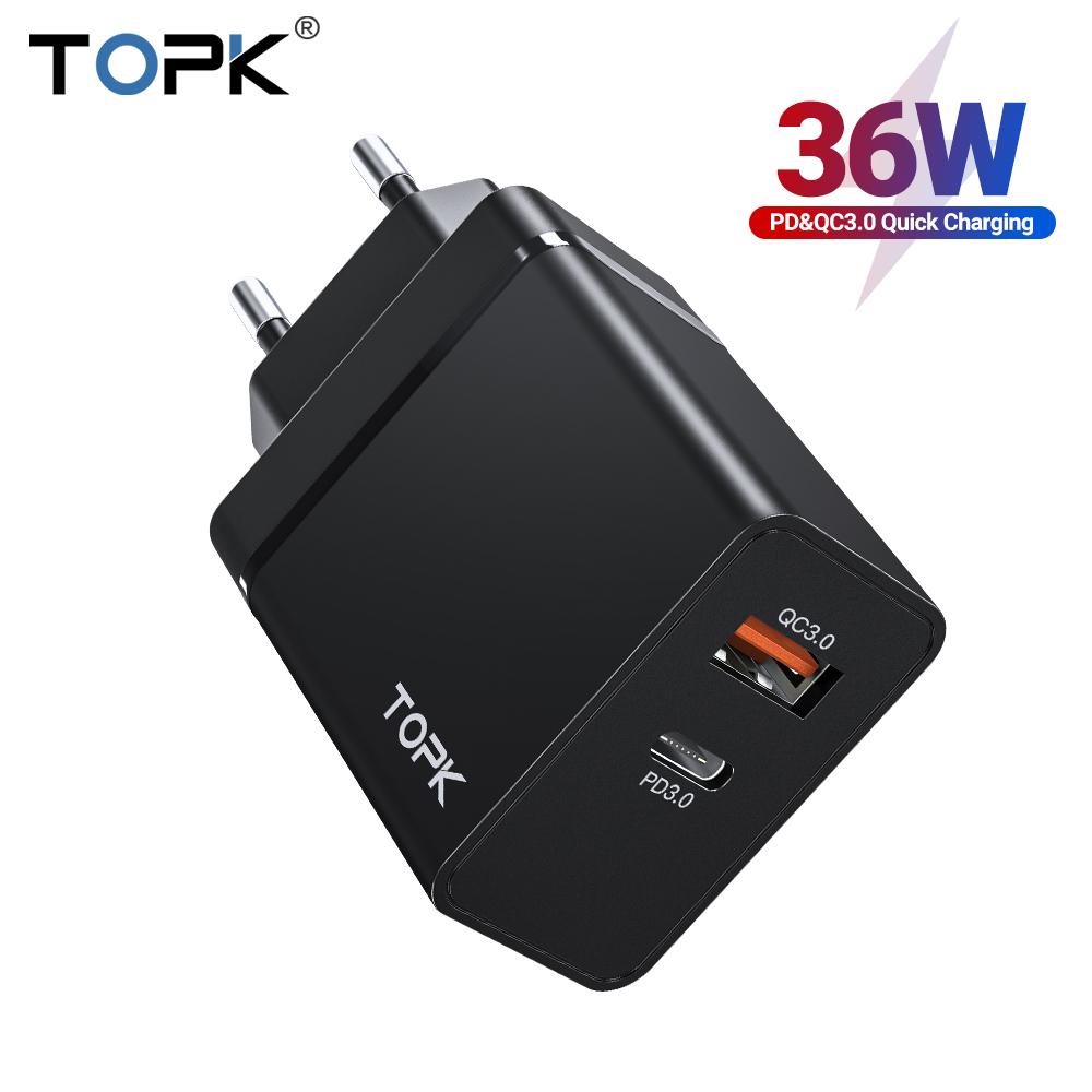 

TOPK 36W Quick Charge 3.0 USB Charger PD USB C Charger Fast Charger US UK EU Plug Adapter for Phone 11 12 Xiaomi Samsung FY7471