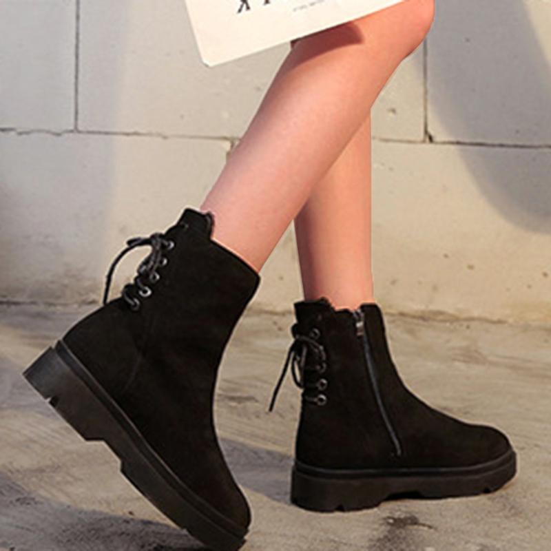 

Causal Winter Boots Women's Lace Up Zipper Upper Flock Ankle Boots Retro Solid Round Toe Shoes Ladies Platform Black Short