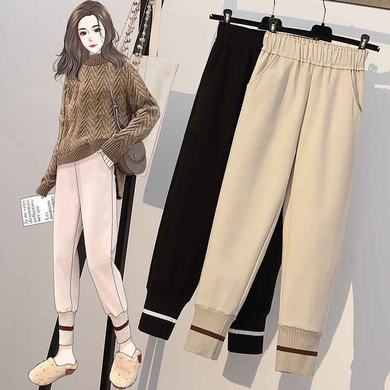 

2021 Women Plus Size Trousers New Female Autumn Winter Woolen Casual Knitted Radish Harem Pants 5xl A331 Tegb, Beige