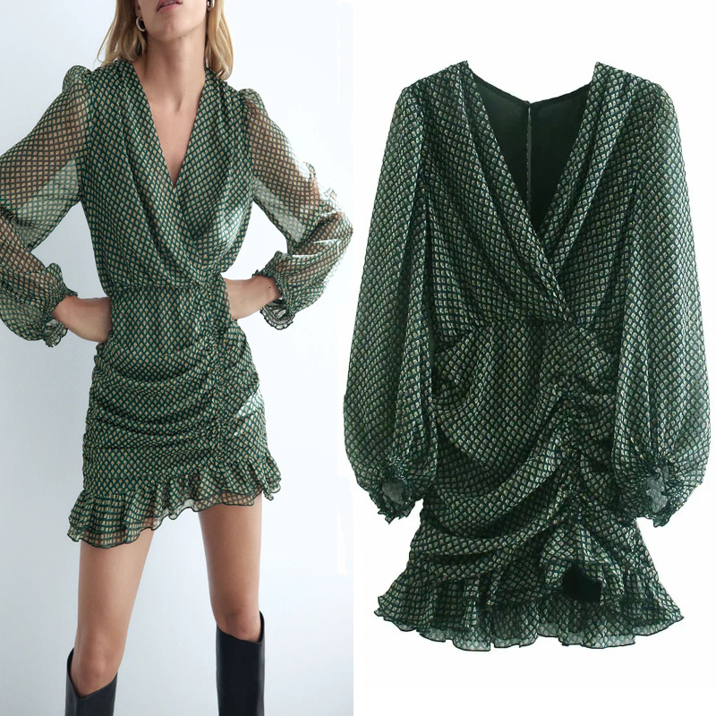 

2021 New Green Metallic Thread Draped Mini Women V-neck Long Sleeve Ruched Ruffle Dresses Back Buttoned Opening Retro Dress Z63d, Print