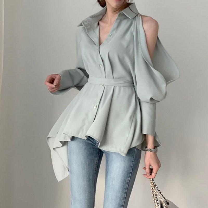 

Women Blouse Solid Color Sash Hollow Out Fashion Shirts Off Shoulder Spring Summer Long Sleeve Shirt, Black