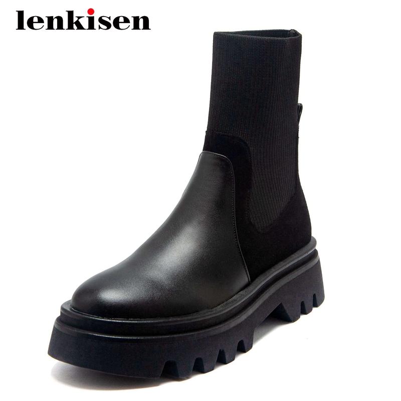 

Lenkisen knitting boots natural leather mixed cloth platform round toe thick high heel slip on preppy maiden mid-calf boots L74, Beige