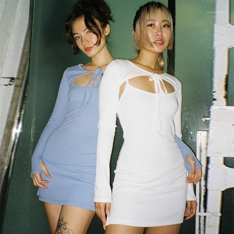 

Sexy Women 2 Piece Set Clubwear 2020 New Sleeveless Strap Short Split Mini Dress Long Sleeve Lace-up Solid Fall Style Women Suit1, White