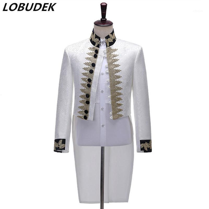 

Retro White Court Jacquard Embroidery Tailcoat Long Suit Jackets Men Performance Tuxedo Costume Stage Drama Cosplay Swallowtail1, As pic