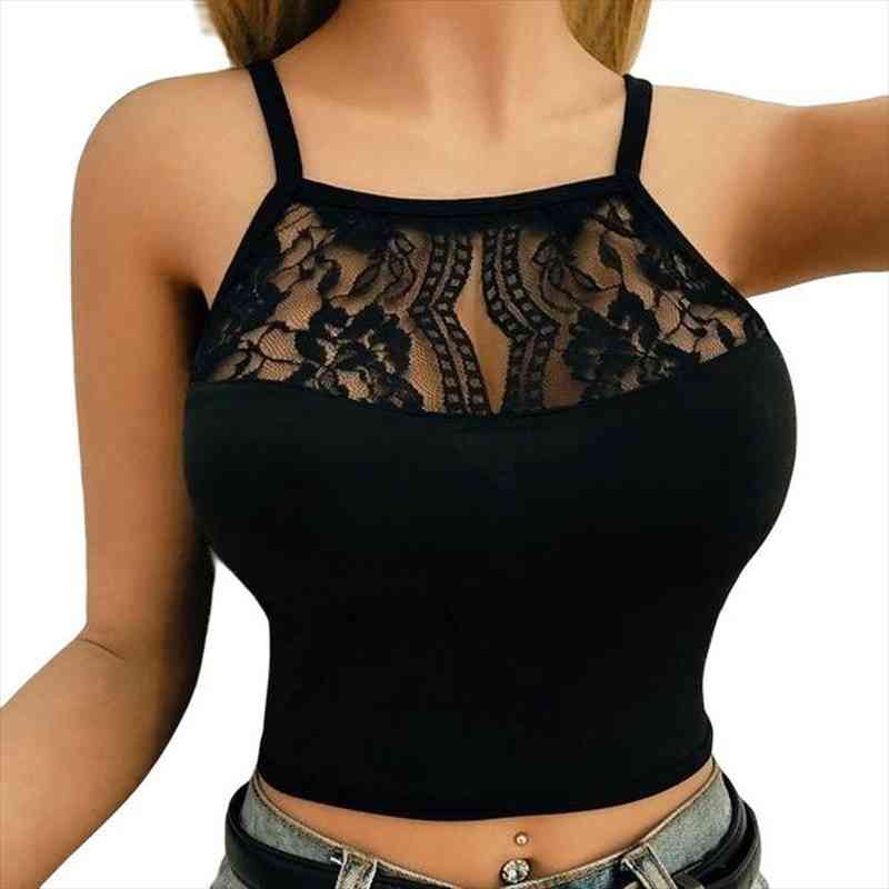 

nightclub tight camisole holow out lace short sling vest summer pure black white pink elastic crop plus size