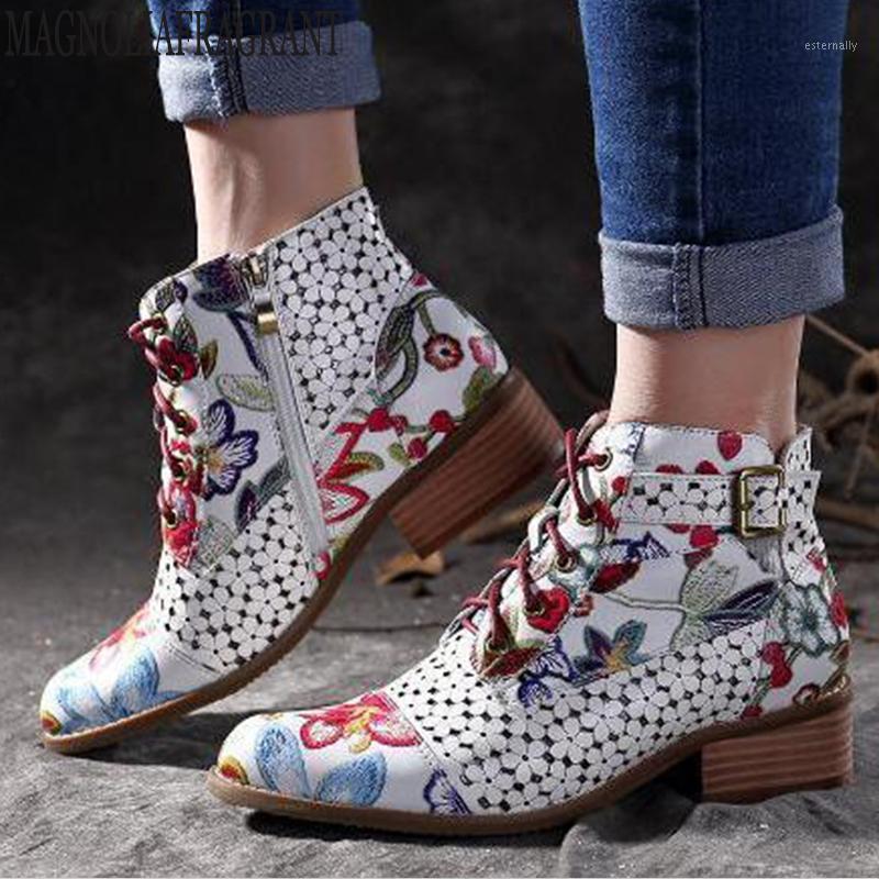 

New Autumn Retro Women Embroidery Flower Short Boots Lady Elegant Lace Up Ankle Boots Female Color matching Botas Mujer y4101, Black