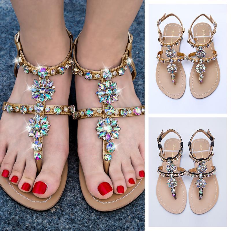 

2019 NEW Women`s beach shining rhinestones shoes summer bohemia diamond sandals T-strap thong flip flops comfortable Boho shoes1, Gold