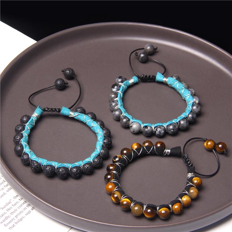 

New Arrival Couple Distance Bracelet Natural Tiger Lava Stone Cowhide Steel WireWinding Woven Bracelets For Men Best Friend Gift
