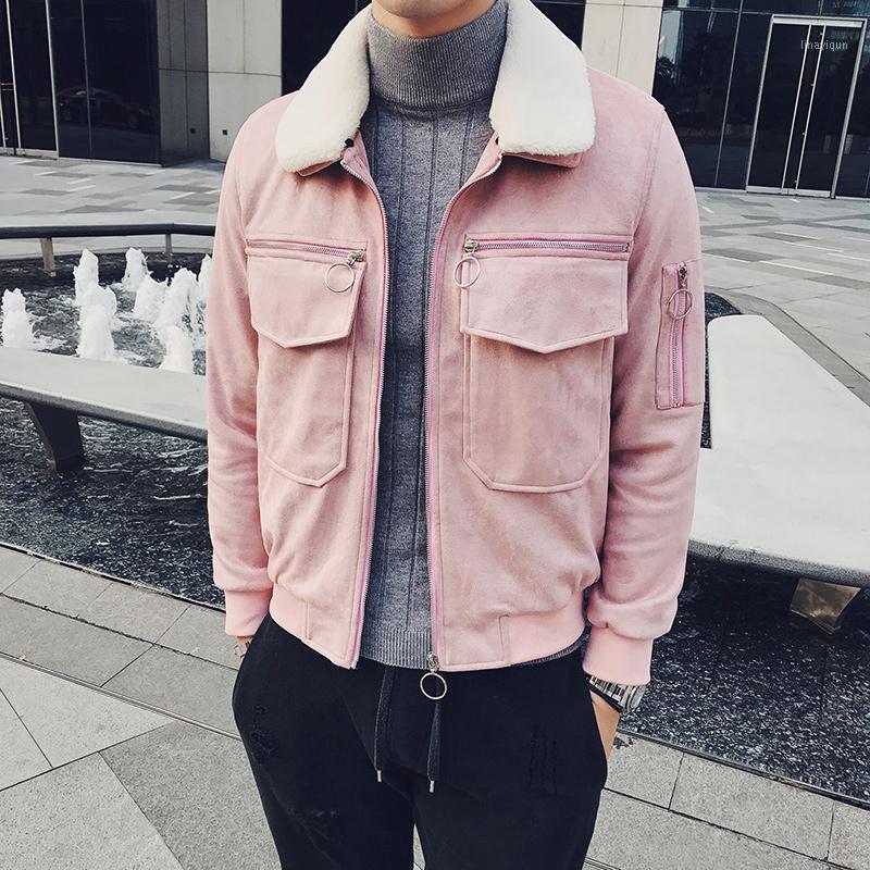 

2020 Mens Bomber Jackets Mens Pink Fur Coat Winter Jacket Short Slim Fit Social Chaquetas Hombre Erkek Kurk Yaka Mont Kaban1