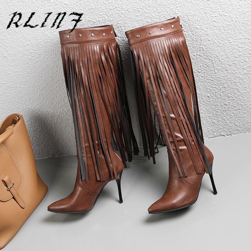

RLINF New Stiletto Heels High Boots Tassel Boots Fashion Women's Women's Shoes...1, Black