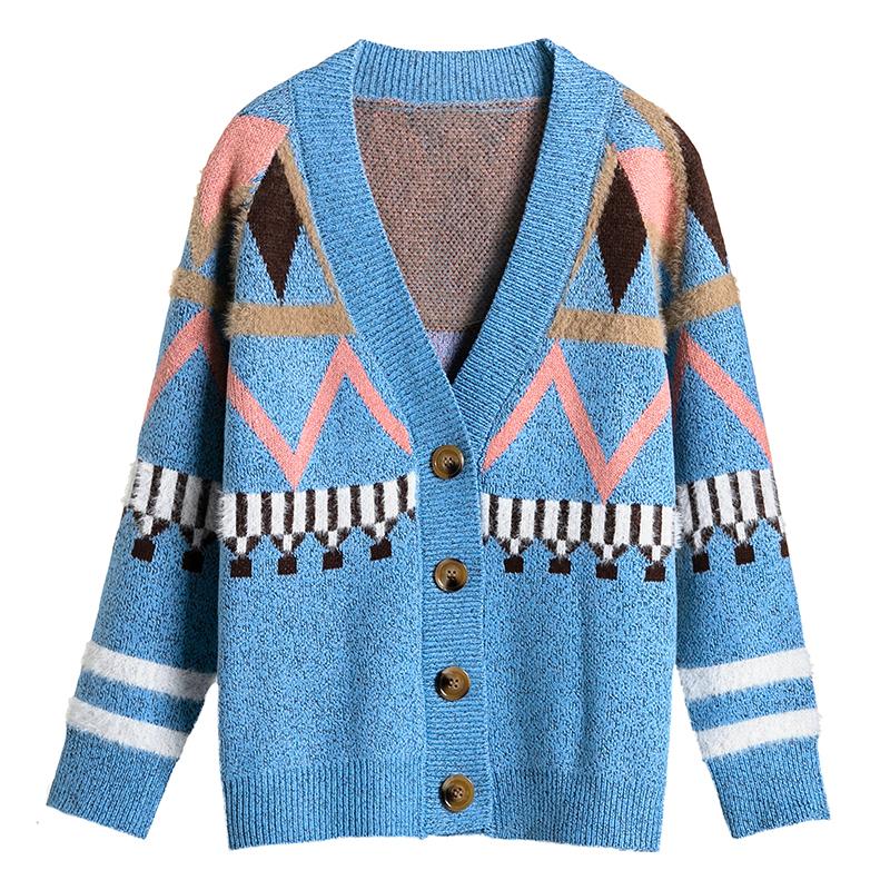 

Geometric Print Leisure Sweater Cardigan Women Autumn Winter Long Sleeve Patchwork Sweater Casual Female Button Tops Pull Femme, Blue