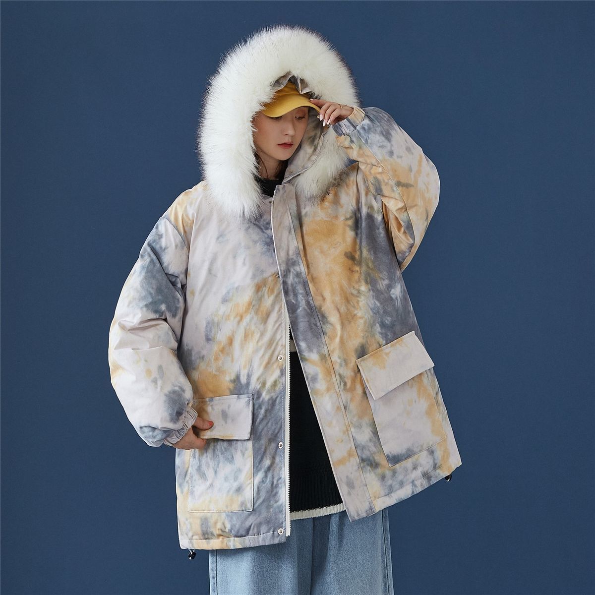 

New Masculino-acolchoado 2021 Outono Inverno Novo Tie-dye Grosso Capuz De Algodo-acolchoado Casuais Juventude O299, Tie dyed yellow
