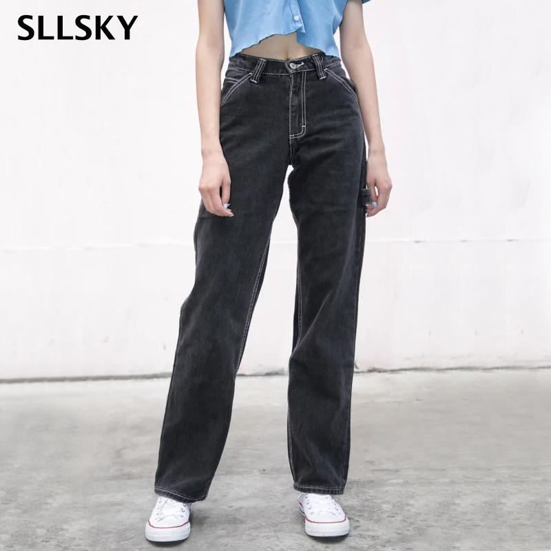

SLLSKY Women High-rise Faded Black Denim Jeans With White Stitching Straight Leg Denim Pants Casual Spring Autumn 2020 New