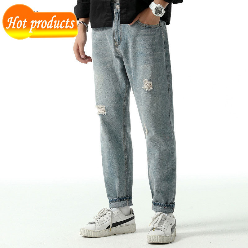 

2020 Men's Breeches New Fall Japanese Fashion Wash Holes Hare Old Blue Light Pants Size -34 36 4u2z, Light blue