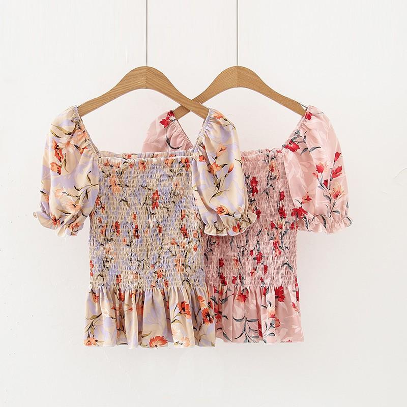 

Women's Summer Chiffon Shirt Blusas Sexy Floral Blusa Mujer Print Slash Neck Sweet SlimShort Sleeve Blouse