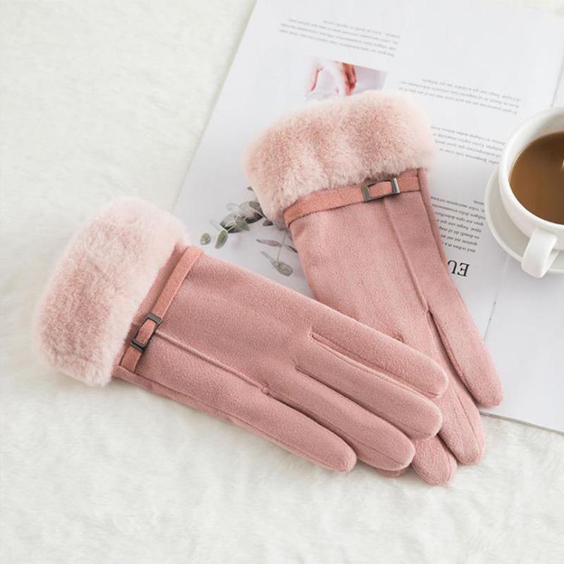 

Winter Female Double Layer Warm Cashmere Full Finger Simple Pattern Mittens Women Suede Leather Touch Screen Driving Gloves New