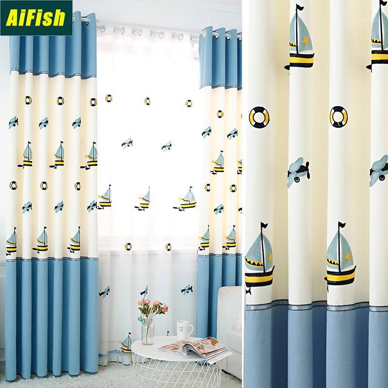 

Nordic Blackout Curtain For Kids Room Boys Room Window Drapes Blue Cartoon Curtain Embroidered Stitching Sailboat WP429-41, Tulle