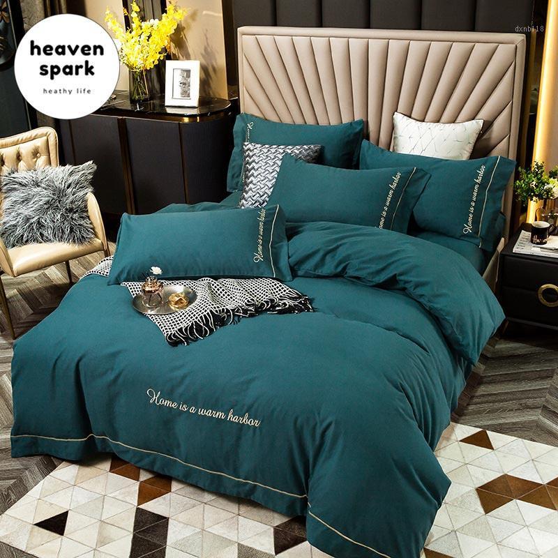 

Solid Navy Blue Green Gray Hotel Embroidery Bedding Set Bed Linen Cotton with Duvet Cover/Pillowcase/Flat Sheet/Bedspread 4pcs1, White