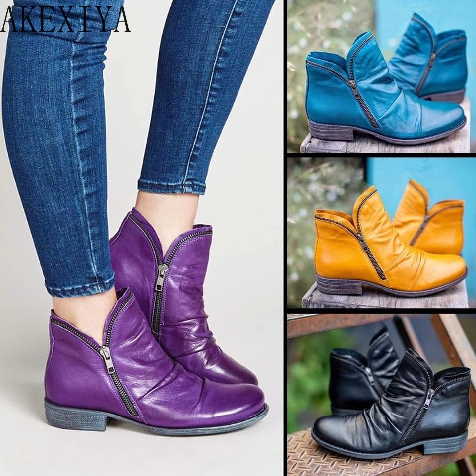 

autumn and winter new plus size women's warm leather boots non-slip horseshoe heel side zipper all-match casual women's shoes #uA8c, Black
