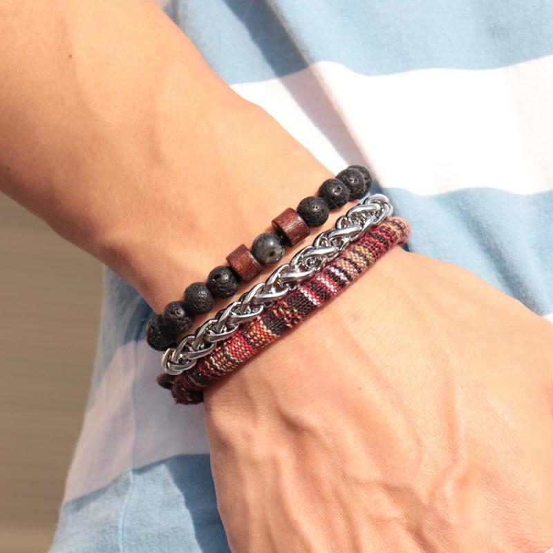 

Trendy 3pcs/set Man Bracelet Minimalist Lava Stone Braslet Braided Boho Braclet Stainless Steel Charm Brazalete Bileklik Erkek