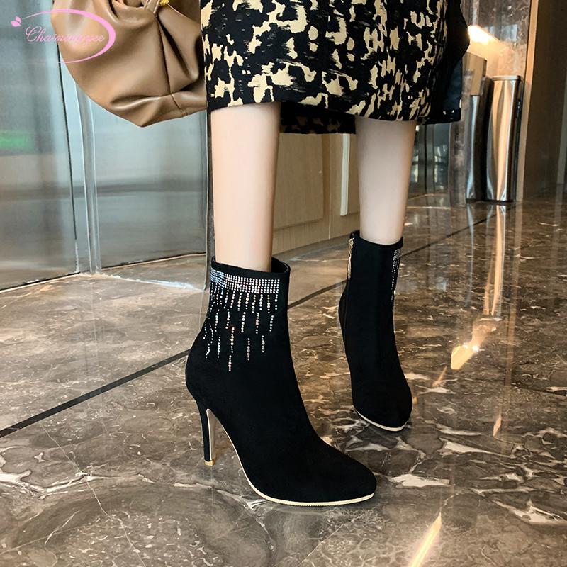 

Party sexy pointed toe ankle boots crystal zipper green beige purple pink black high heel stiletto riding boots women's shoes