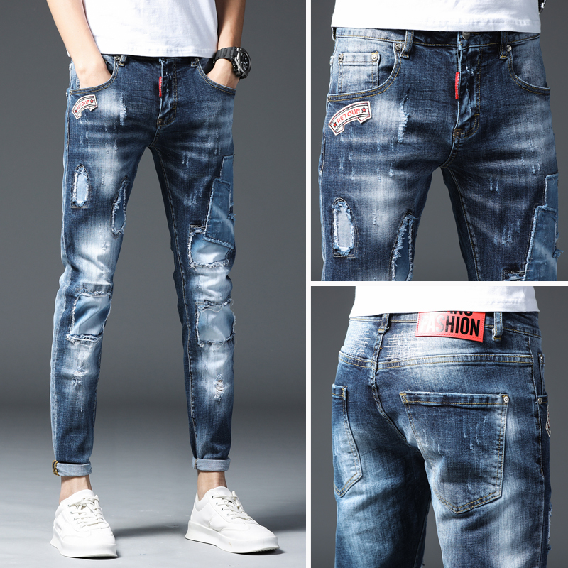 

2021 Men's Brem Ripped Thin Jeans for Elastic Pants Cotton Hip Hop, Blue Spring V3QM