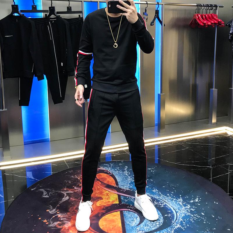 

Set men's 2020 autumn new Korean version slim fashion stripe splicing solid color long sleeve pants handsome two piece fashion, Black
