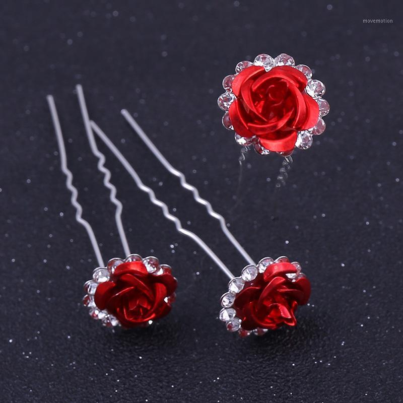 

New Arrivals Korean Style U Shaped Red Flower Hairpins Women Girl Bridal Bride Wedding Party Hair Clips Sticks 3 pcs/set1
