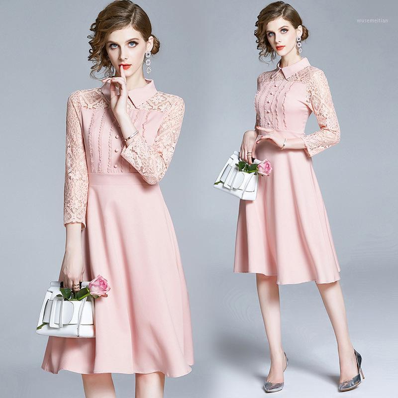 

Luxury Women Elegant Pink Lace Shirt Dress High Quality Vintage Cocktail Party Robe Designer Vestidos Slim Ladies Dresses Femme1, Xaq518