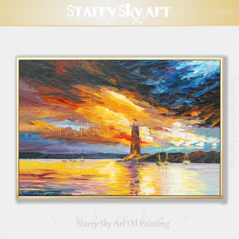 

Paintings Pure Hand-painted Abstract Seascape Lighthouse Acrylic Painting On Canvas Handmade Colorful Sky Landscape Knife Painting1