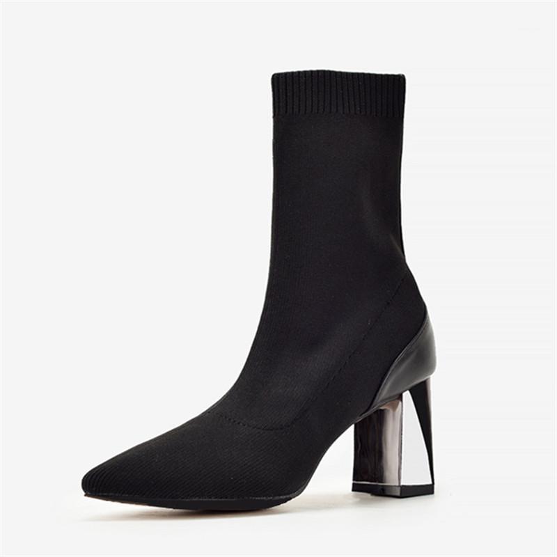 

2021 New Women Sock Boots Ladies Leather Knitting Ankle Boots 7CM Chunky High Heels Women Pumps Slim Fit Botas Mujer1, Black
