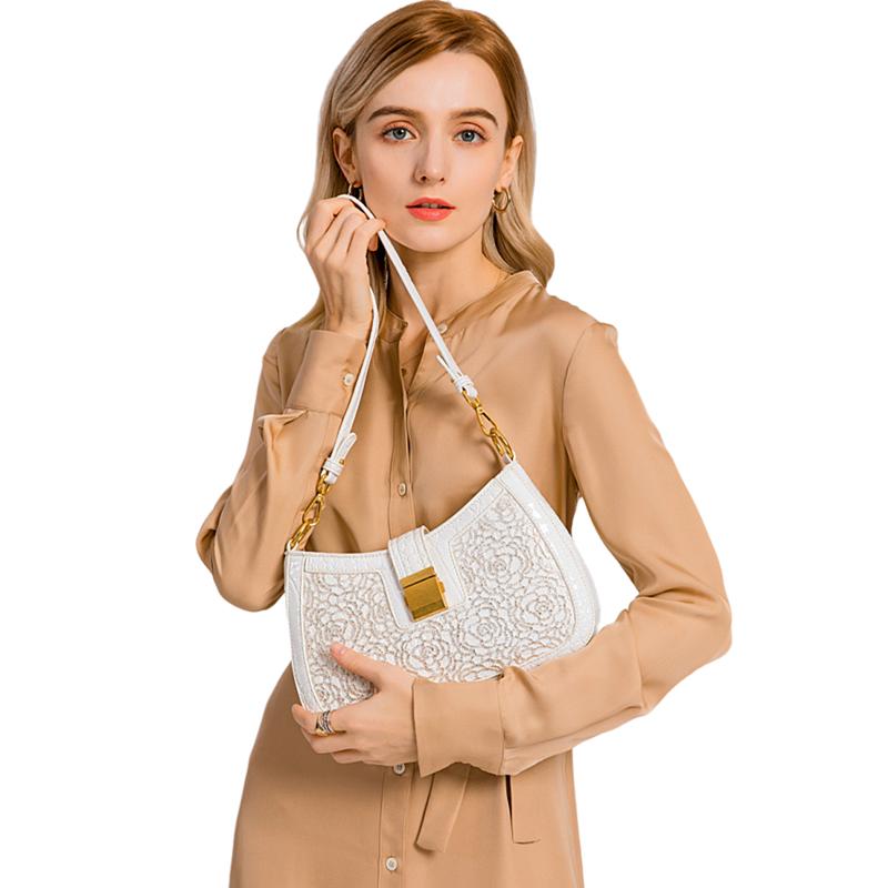 

Luxury fashion Leather Women's bag lace diamond lock buckle ladies bag shoulder slung niche armpit retro small square bags, Buckle gold