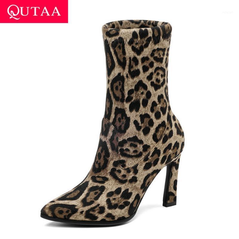 

QUTAA 2020 Suede Pointed Toe Leopard Fashion Hoof High Heel Ankle Boots All Match Woman Shoes Size 34-431, Khaki