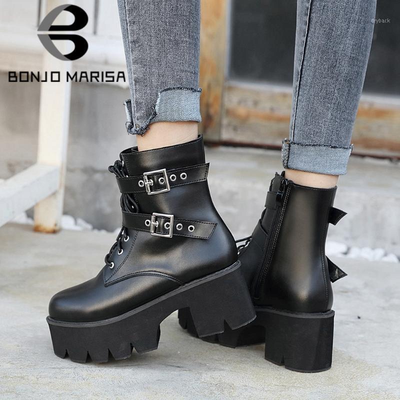 

BONJOMARISA Fashion Platform Cosy For Walk Square Heels Chic Winter Shoes Boots Women Belt Buckles Motorcycles Boot Footwear1, Black