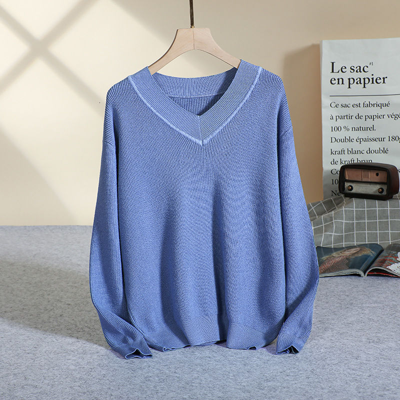 

2021 New v Neck Women Sweater Autumn Winter Basic Thick Warm Jumper Femme Christmas Sweaters Ribbed Knitted Pullover Tops Mkoc, Blue