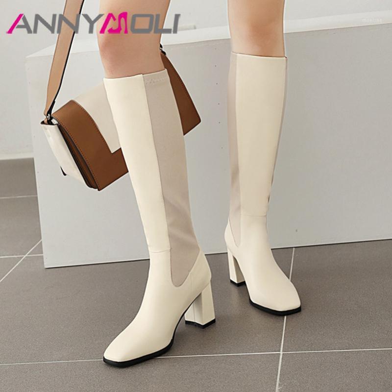 

ANNYMOLI High Heel Woman Boots Square Toe Knee High Boots Thick Heel Shoes Zip Female Long Autumn Winter White Big Size 461
