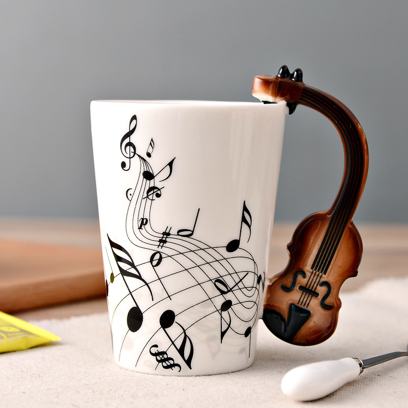 

Creative Music Violin Style Guitar Ceramic Mug Coffee Milk Stave Cups with Handle Coffee Mug Novelty Gifts ZM815, E 250ml