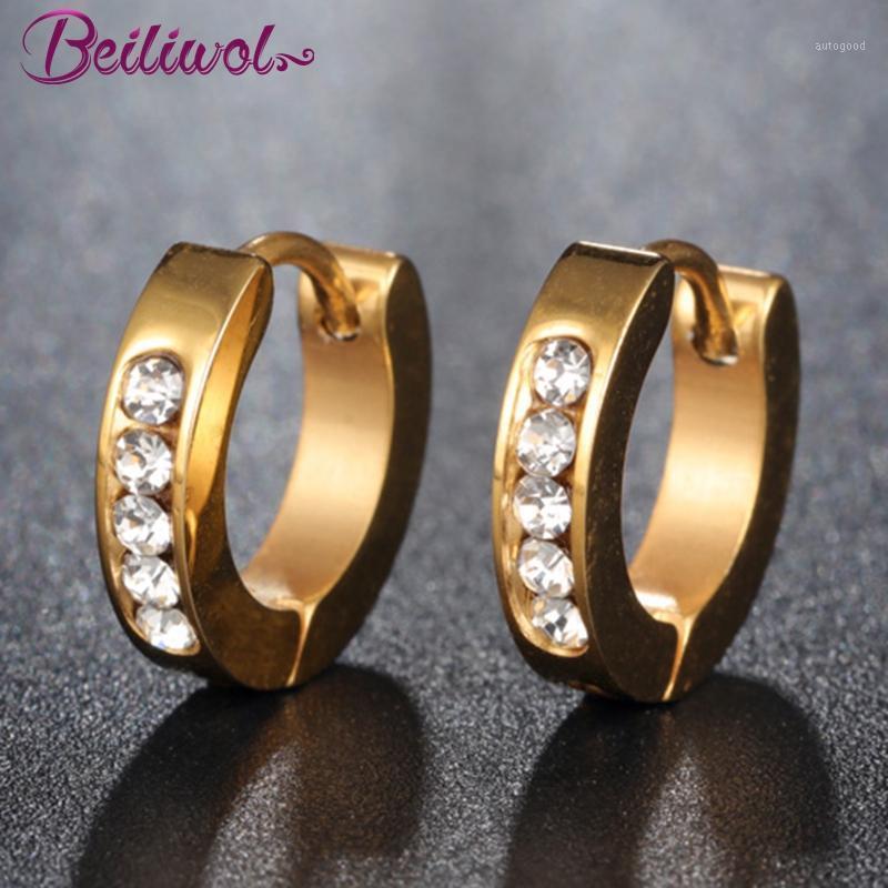 

Charm Beiliwol Mini Hoop Earrings For Women High Polished 316L Stainless Steel Gold-Color Clear Crystal Personality Design Arrival1